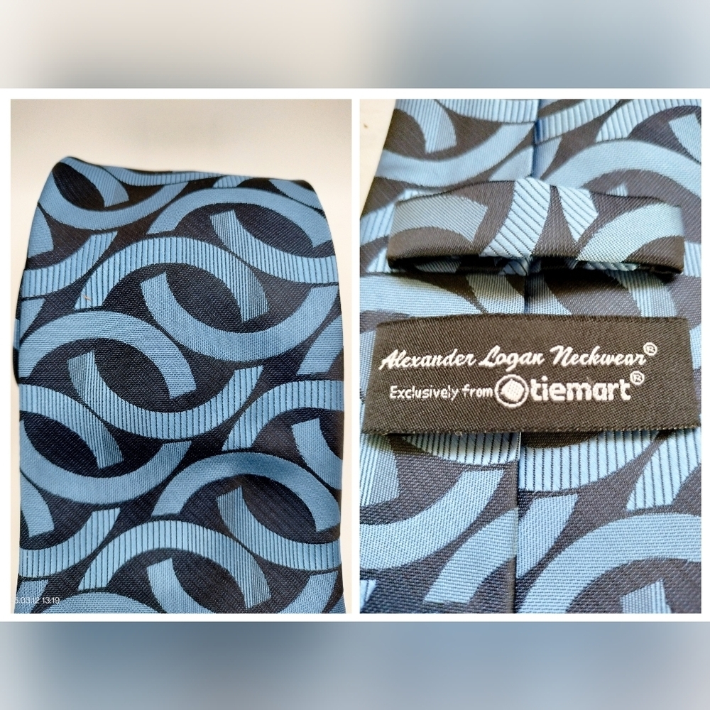 Alexander Logan Tiemart Mens Necktie Tie Blue and Black Link Swirl Formal
